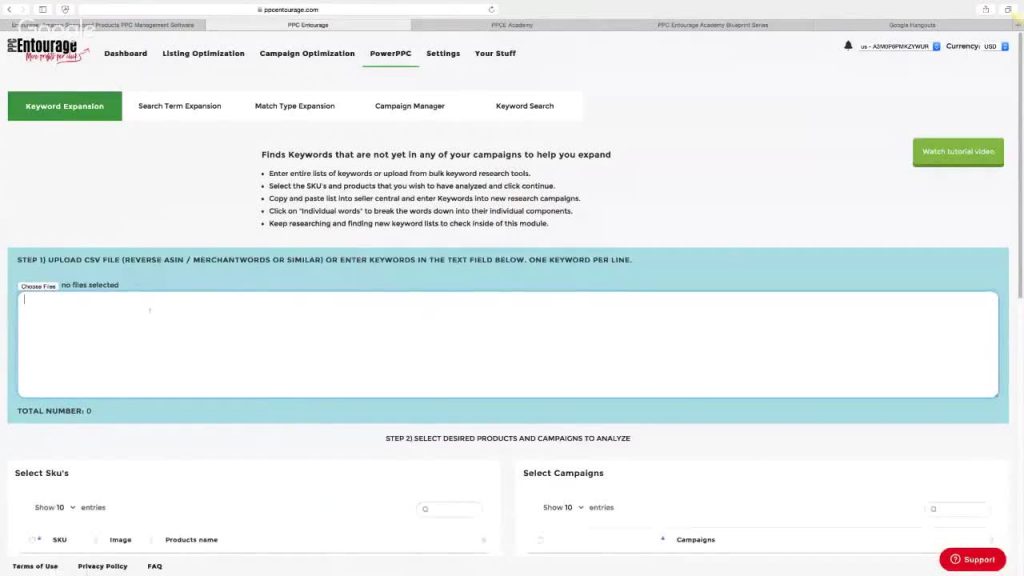 PPC Entourage campaign expansion view showing keyword harvesting