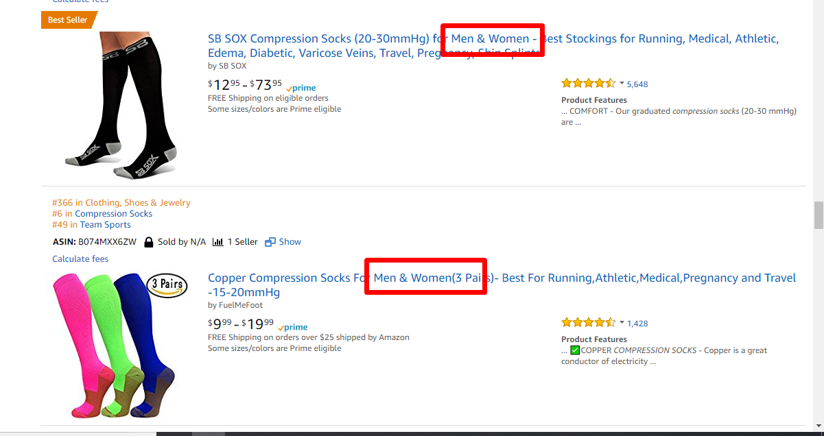 Amazon Screenshot of compression socks search term