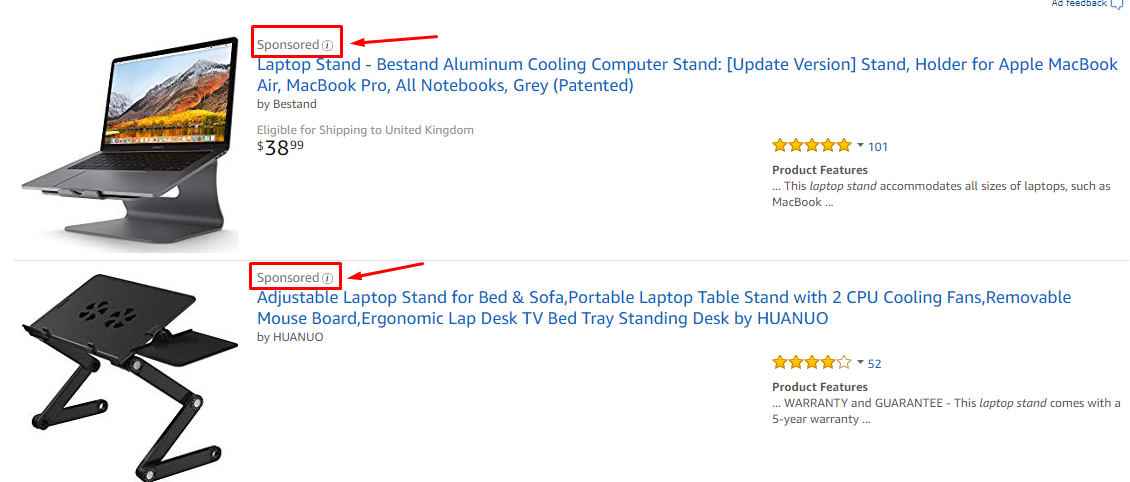 Amazon Sponsored Products Laptop Stands Example